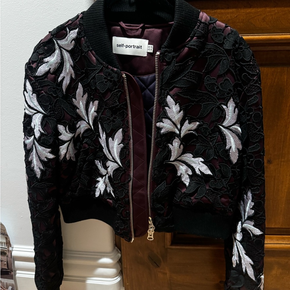 Self-Portrait Black and White Embroidered Women's Bomber Jacket